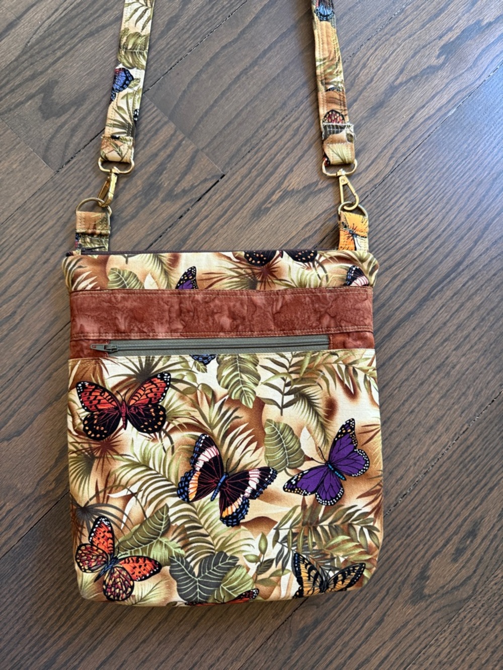 Butterfly Print Crossbody Bag in Brown, Cream, Purple. Pockets. Detachable Strap